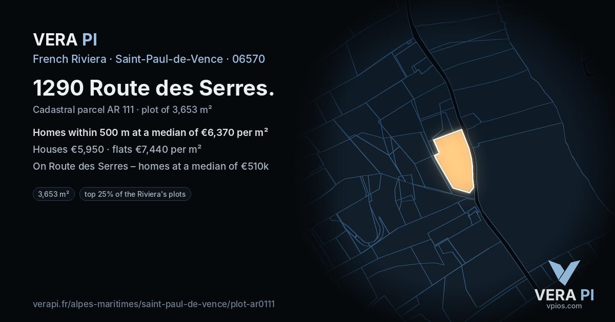 1290 Route des Serres, Saint-Paul-de-Vence at night – the plot lit, the parcels around coloured by the prices near them