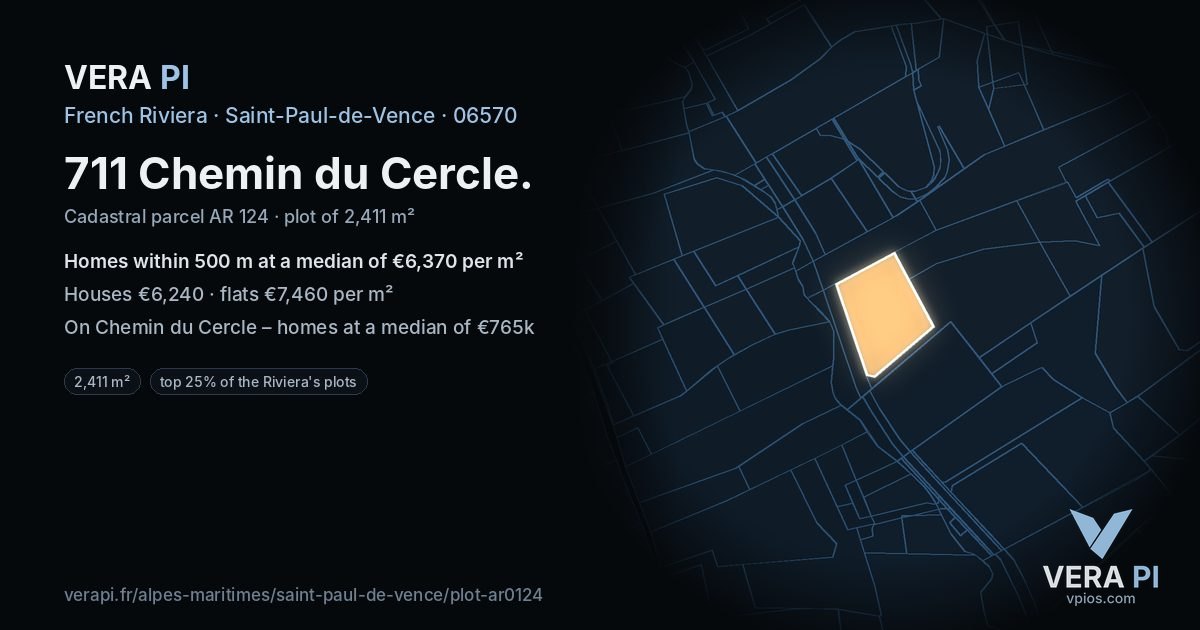 711 Chemin du Cercle, Saint-Paul-de-Vence at night – the plot lit, the parcels around coloured by the prices near them