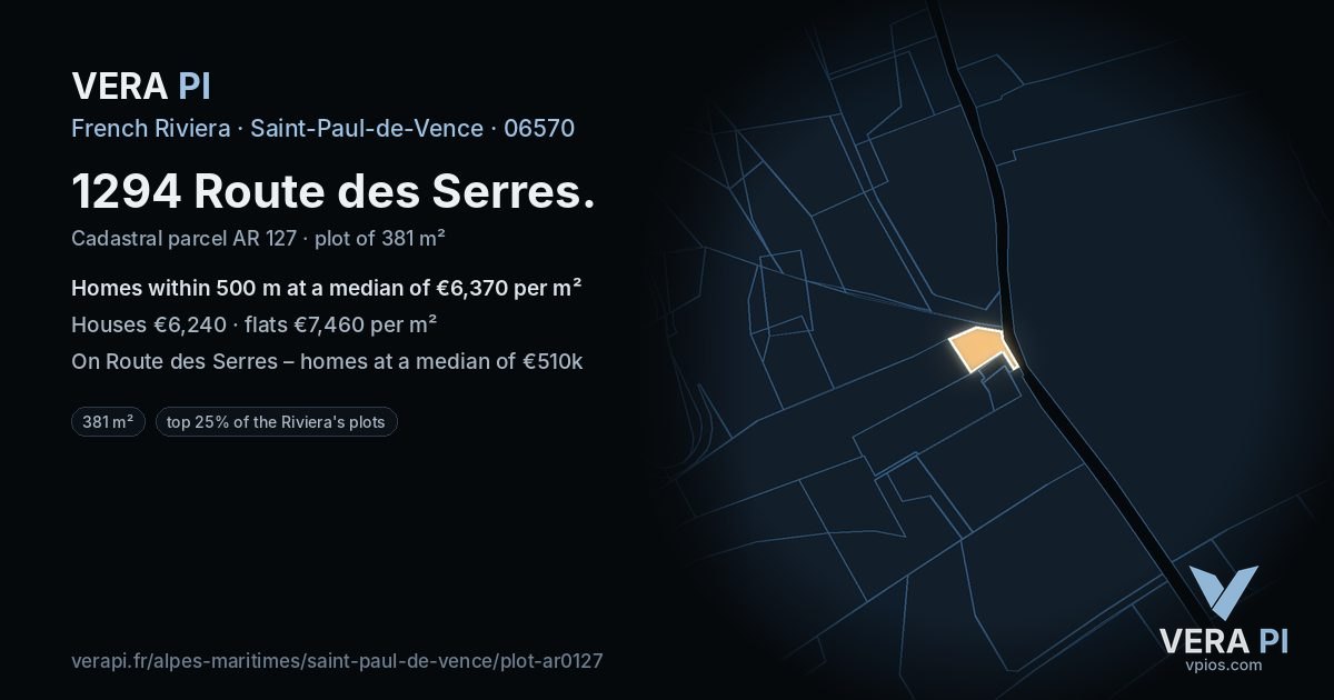 1294 Route des Serres, Saint-Paul-de-Vence at night – the plot lit, the parcels around coloured by the prices near them