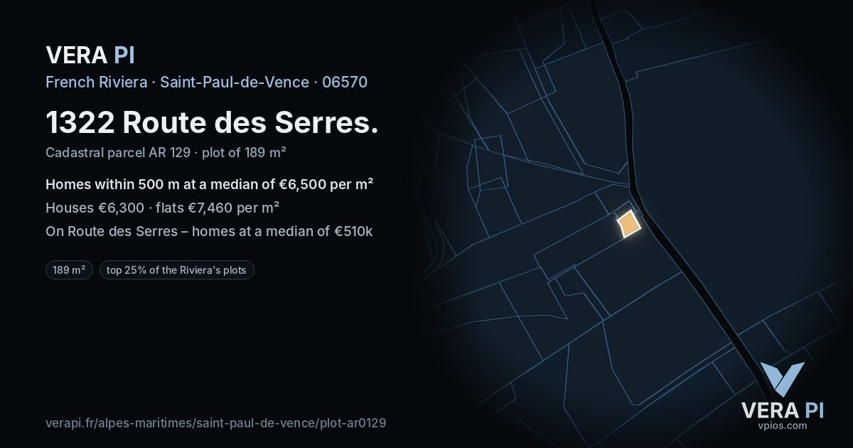 1322 Route des Serres, Saint-Paul-de-Vence at night – the plot lit, the parcels around coloured by the prices near them