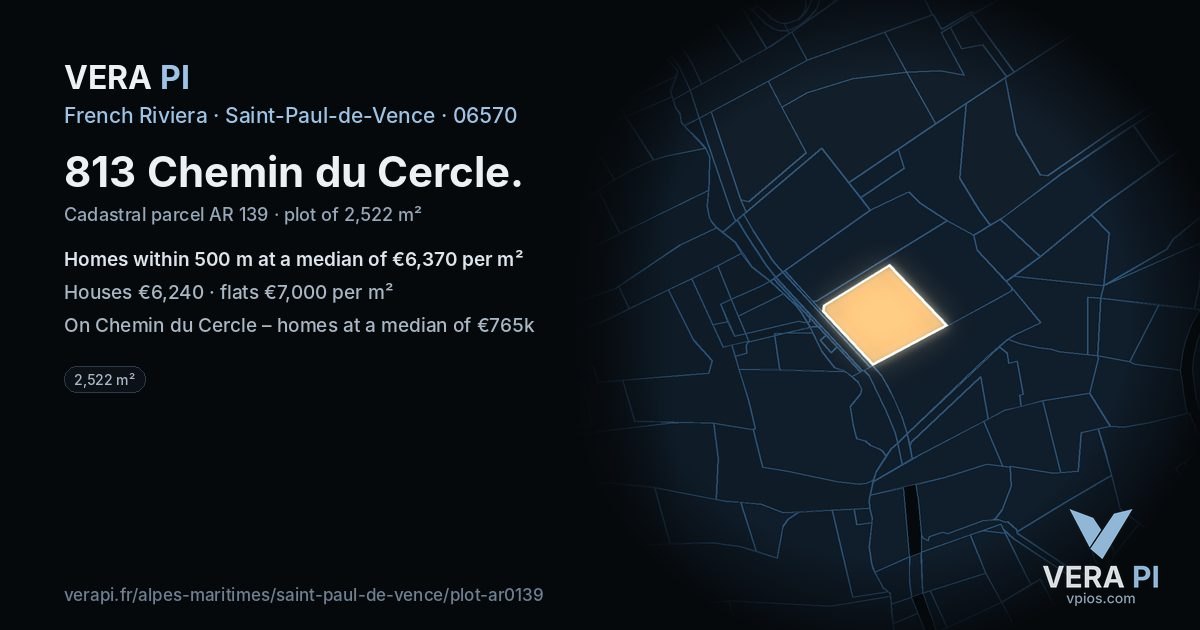 813 Chemin du Cercle, Saint-Paul-de-Vence at night – the plot lit, the parcels around coloured by the prices near them