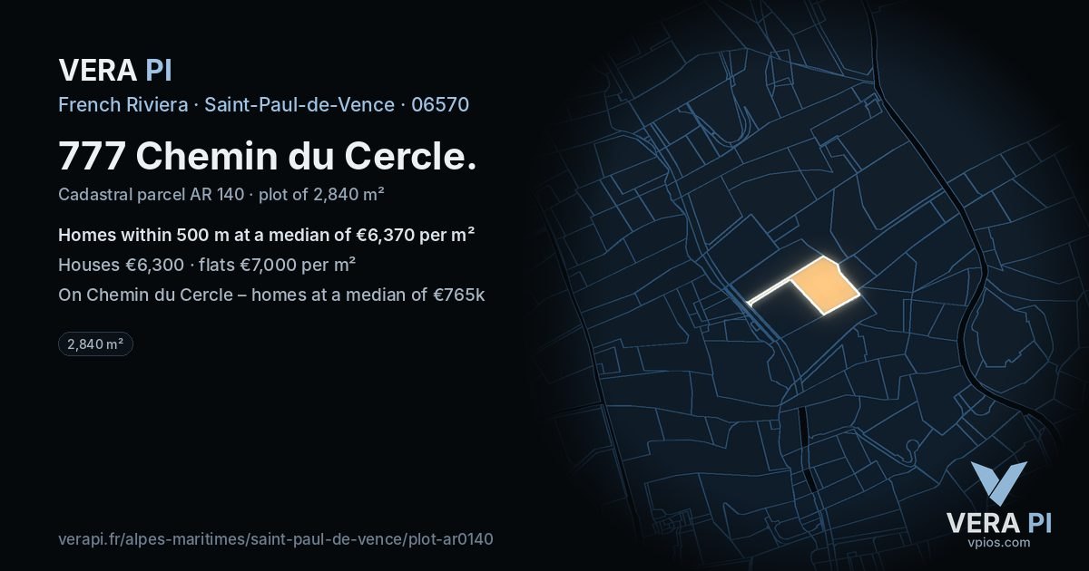 777 Chemin du Cercle, Saint-Paul-de-Vence at night – the plot lit, the parcels around coloured by the prices near them