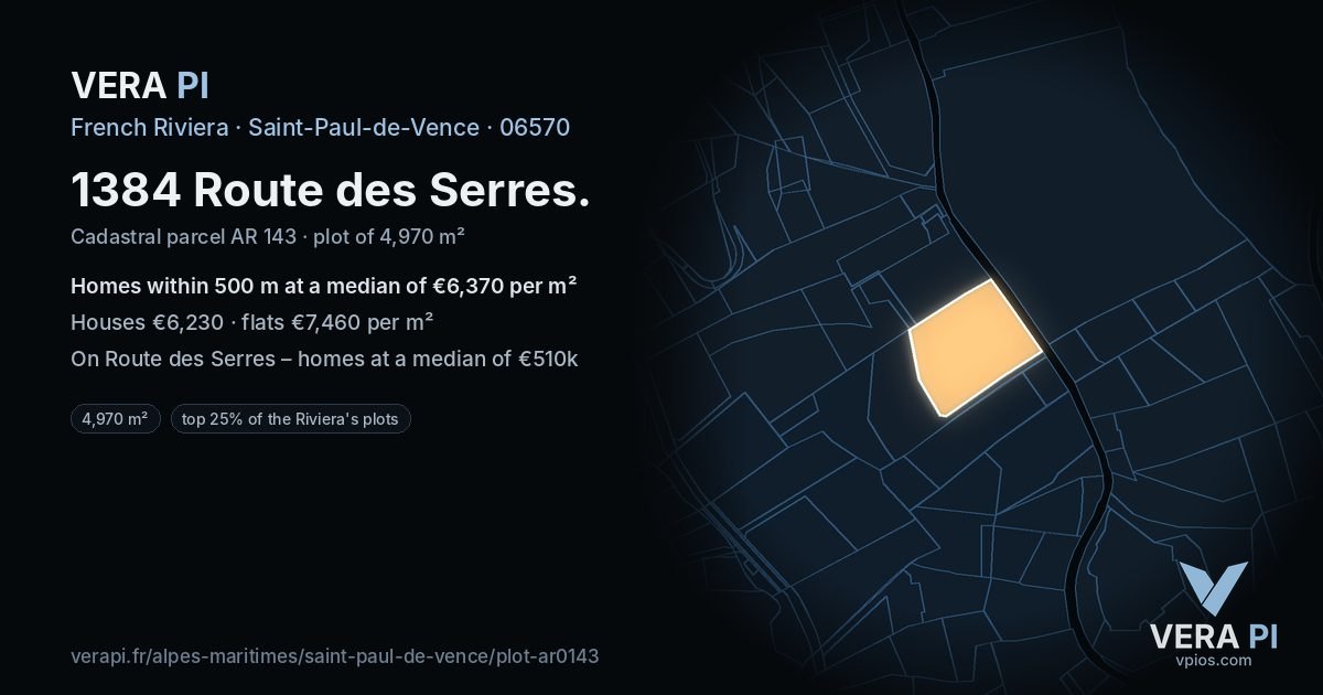 1384 Route des Serres, Saint-Paul-de-Vence at night – the plot lit, the parcels around coloured by the prices near them