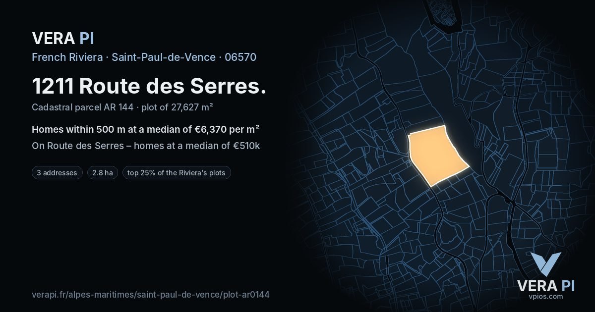 1211 Route des Serres, Saint-Paul-de-Vence at night – the plot lit, the parcels around coloured by the prices near them