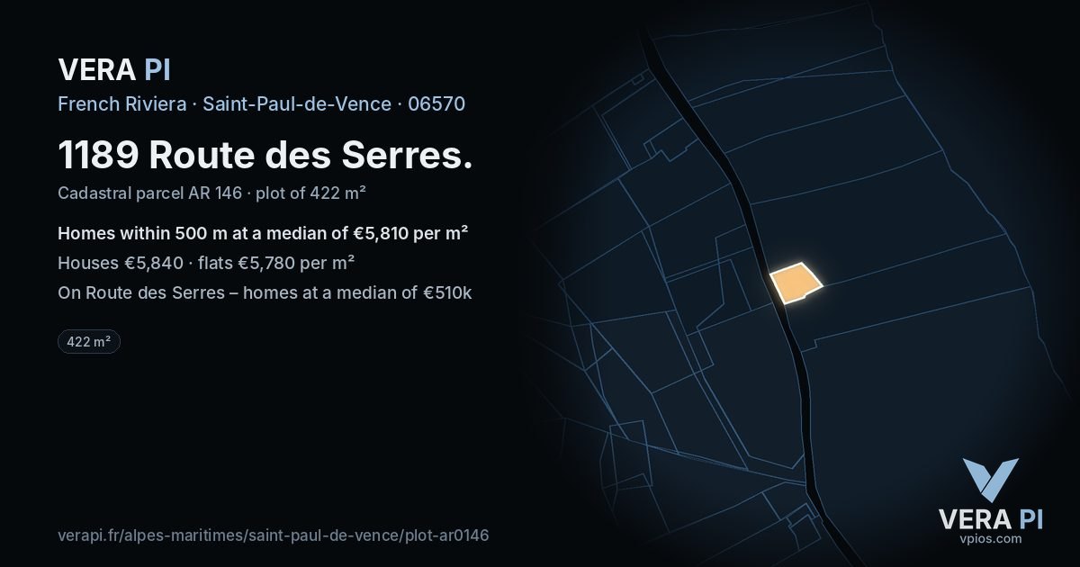 1189 Route des Serres, Saint-Paul-de-Vence at night – the plot lit, the parcels around coloured by the prices near them
