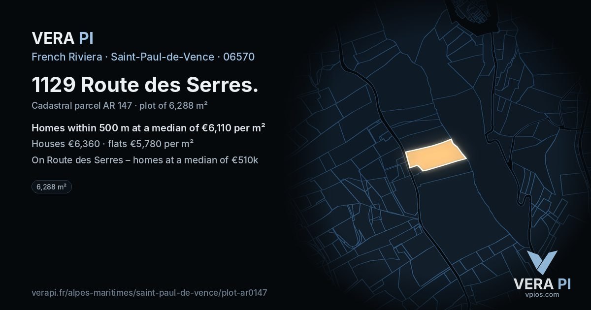 1129 Route des Serres, Saint-Paul-de-Vence at night – the plot lit, the parcels around coloured by the prices near them
