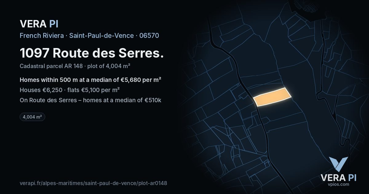 1097 Route des Serres, Saint-Paul-de-Vence at night – the plot lit, the parcels around coloured by the prices near them