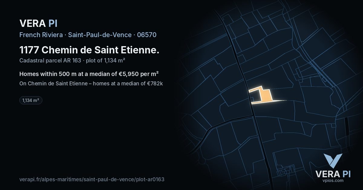 1177 Chemin de Saint Etienne, Saint-Paul-de-Vence at night – the plot lit, the parcels around coloured by the prices near them