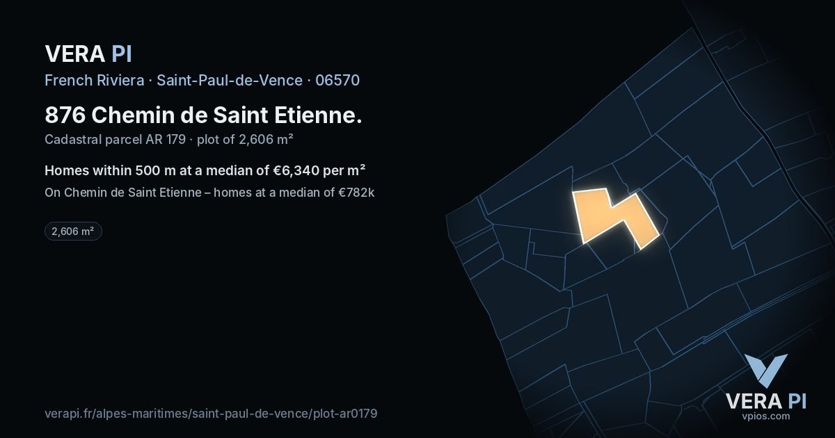876 Chemin de Saint Etienne, Saint-Paul-de-Vence at night – the plot lit, the parcels around coloured by the prices near them