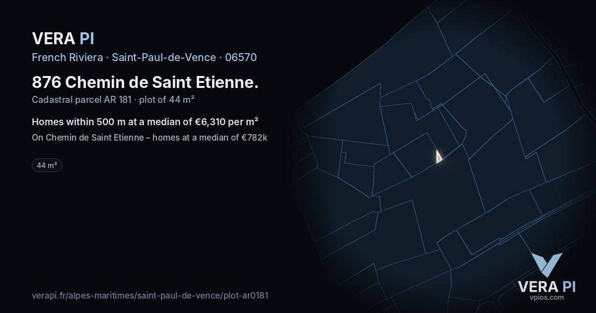876 Chemin de Saint Etienne, Saint-Paul-de-Vence at night – the plot lit, the parcels around coloured by the prices near them