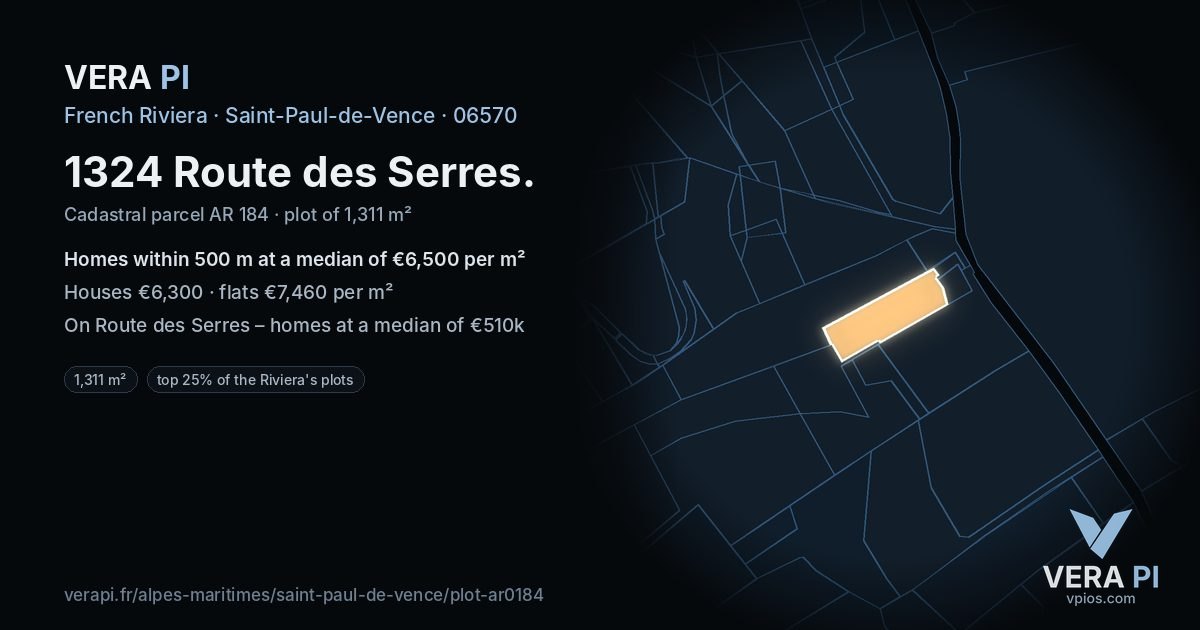 1324 Route des Serres, Saint-Paul-de-Vence at night – the plot lit, the parcels around coloured by the prices near them