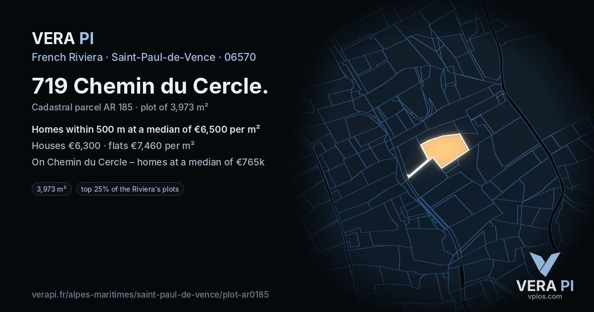 719 Chemin du Cercle, Saint-Paul-de-Vence at night – the plot lit, the parcels around coloured by the prices near them