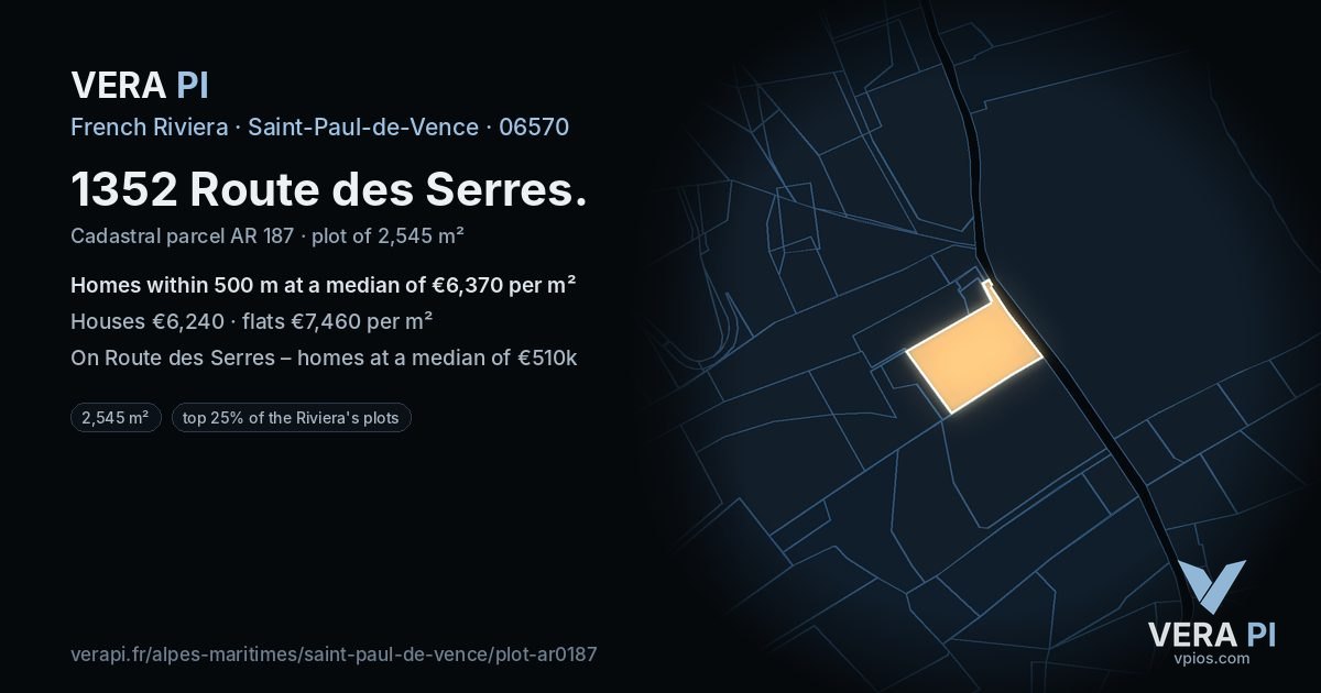 1352 Route des Serres, Saint-Paul-de-Vence at night – the plot lit, the parcels around coloured by the prices near them