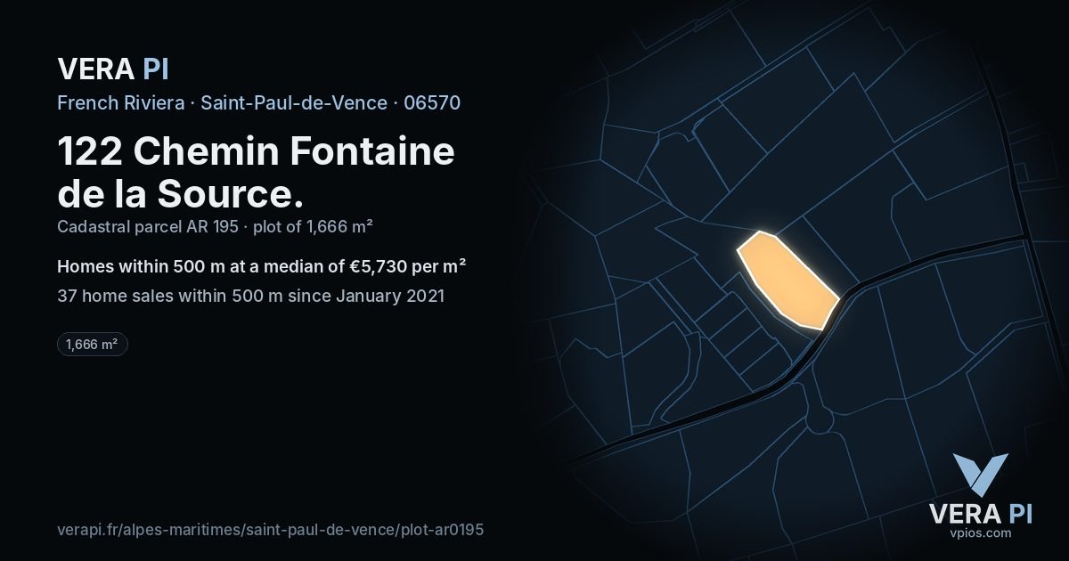 122 Chemin Fontaine de la Source, Saint-Paul-de-Vence at night – the plot lit, the parcels around coloured by the prices near them