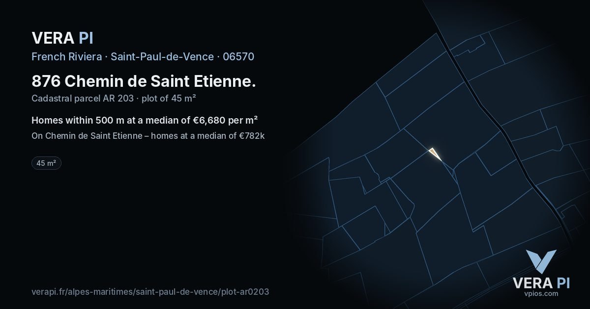 876 Chemin de Saint Etienne, Saint-Paul-de-Vence at night – the plot lit, the parcels around coloured by the prices near them