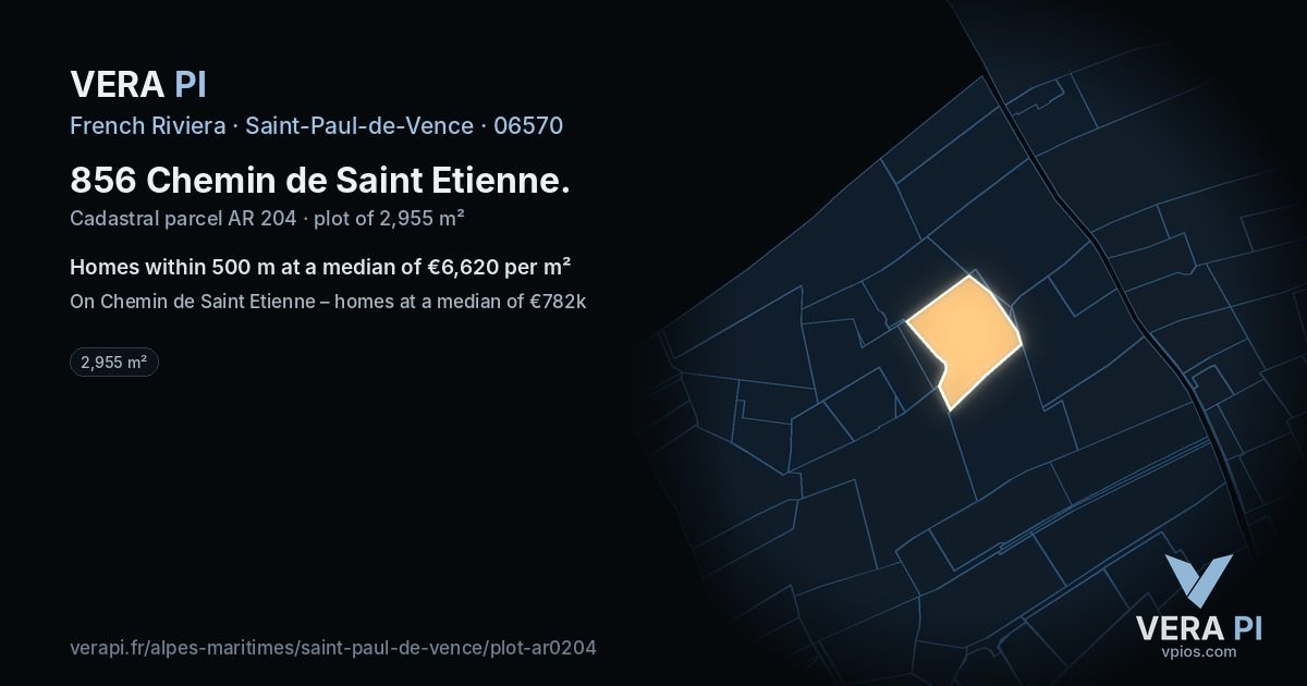 856 Chemin de Saint Etienne, Saint-Paul-de-Vence at night – the plot lit, the parcels around coloured by the prices near them