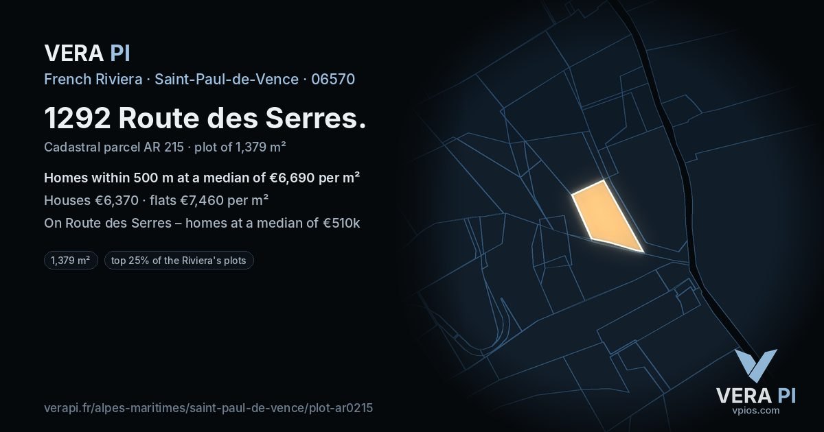 1292 Route des Serres, Saint-Paul-de-Vence at night – the plot lit, the parcels around coloured by the prices near them