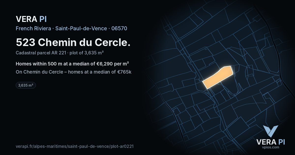 523 Chemin du Cercle, Saint-Paul-de-Vence at night – the plot lit, the parcels around coloured by the prices near them