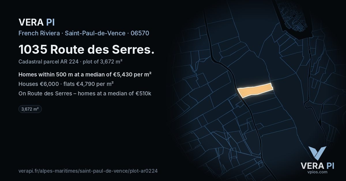 1035 Route des Serres, Saint-Paul-de-Vence at night – the plot lit, the parcels around coloured by the prices near them