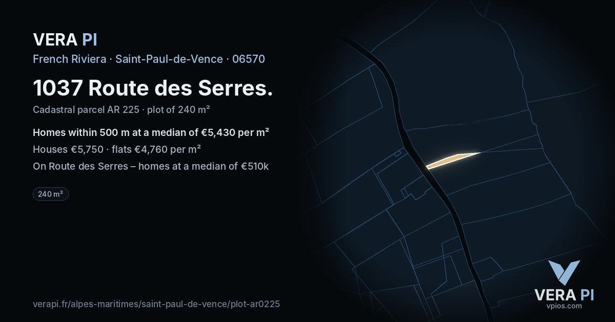 1037 Route des Serres, Saint-Paul-de-Vence at night – the plot lit, the parcels around coloured by the prices near them