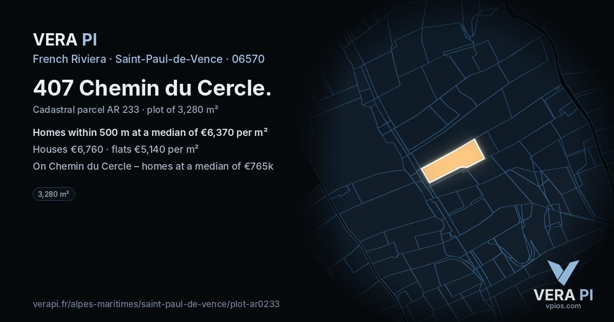 407 Chemin du Cercle, Saint-Paul-de-Vence at night – the plot lit, the parcels around coloured by the prices near them