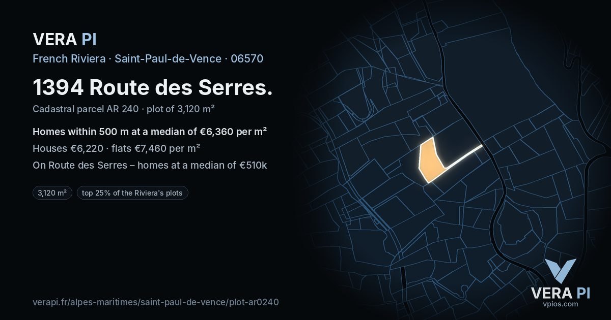 1394 Route des Serres, Saint-Paul-de-Vence at night – the plot lit, the parcels around coloured by the prices near them