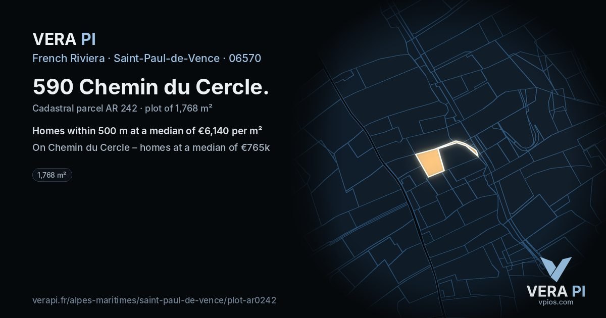 590 Chemin du Cercle, Saint-Paul-de-Vence at night – the plot lit, the parcels around coloured by the prices near them