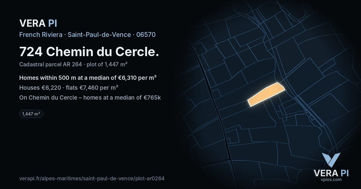 724 Chemin du Cercle, Saint-Paul-de-Vence at night – the plot lit, the parcels around coloured by the prices near them