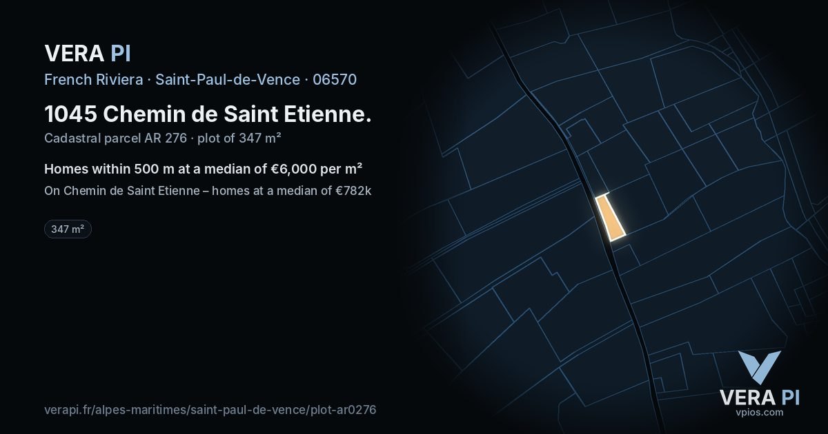 1045 Chemin de Saint Etienne, Saint-Paul-de-Vence at night – the plot lit, the parcels around coloured by the prices near them