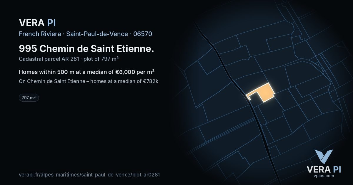 995 Chemin de Saint Etienne, Saint-Paul-de-Vence at night – the plot lit, the parcels around coloured by the prices near them