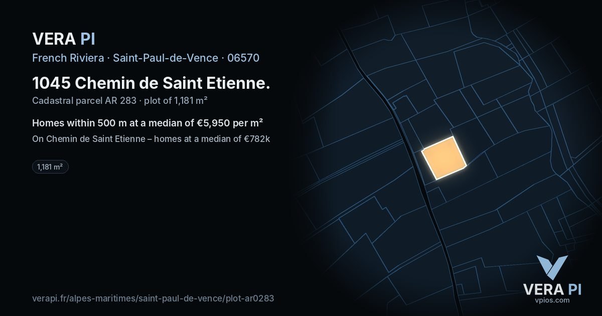 1045 Chemin de Saint Etienne, Saint-Paul-de-Vence at night – the plot lit, the parcels around coloured by the prices near them