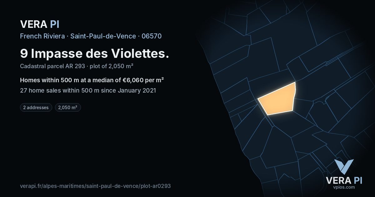 9 Impasse des Violettes, Saint-Paul-de-Vence at night – the plot lit, the parcels around coloured by the prices near them