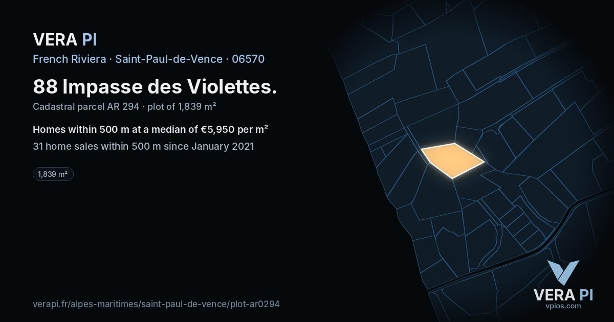 88 Impasse des Violettes, Saint-Paul-de-Vence at night – the plot lit, the parcels around coloured by the prices near them