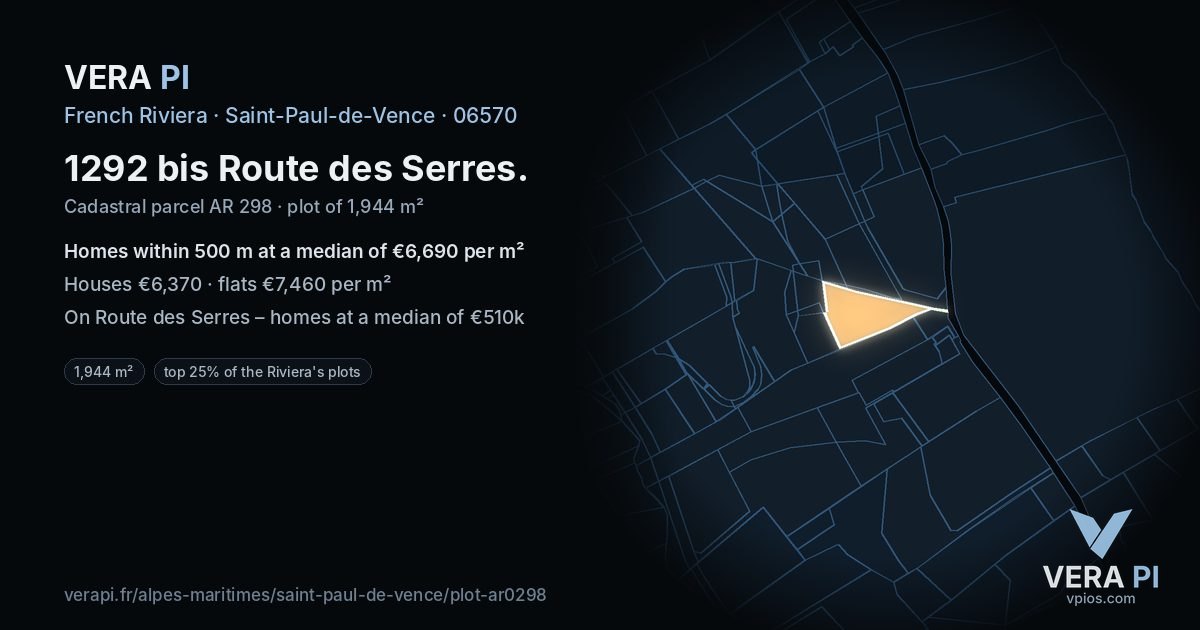 1292 bis Route des Serres, Saint-Paul-de-Vence at night – the plot lit, the parcels around coloured by the prices near them