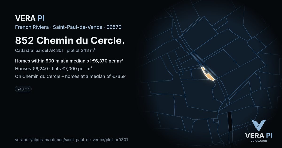852 Chemin du Cercle, Saint-Paul-de-Vence at night – the plot lit, the parcels around coloured by the prices near them