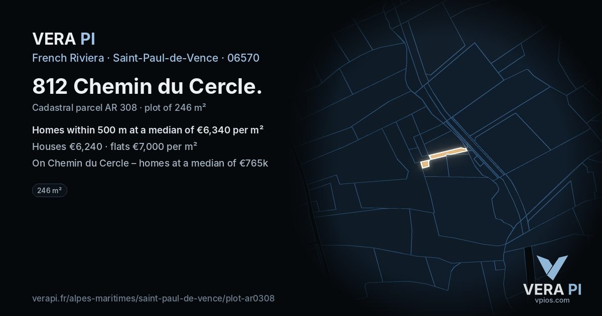 812 Chemin du Cercle, Saint-Paul-de-Vence at night – the plot lit, the parcels around coloured by the prices near them