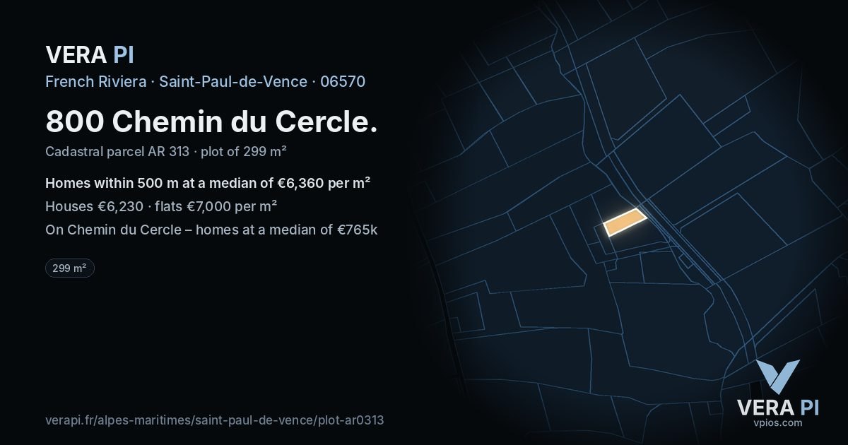 800 Chemin du Cercle, Saint-Paul-de-Vence at night – the plot lit, the parcels around coloured by the prices near them