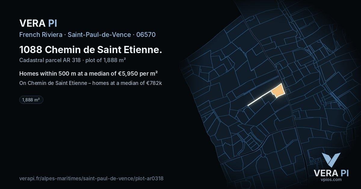 1088 Chemin de Saint Etienne, Saint-Paul-de-Vence at night – the plot lit, the parcels around coloured by the prices near them