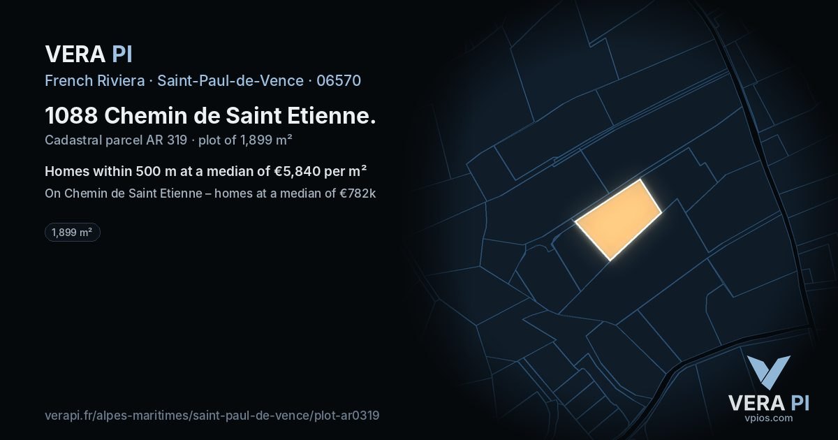1088 Chemin de Saint Etienne, Saint-Paul-de-Vence at night – the plot lit, the parcels around coloured by the prices near them