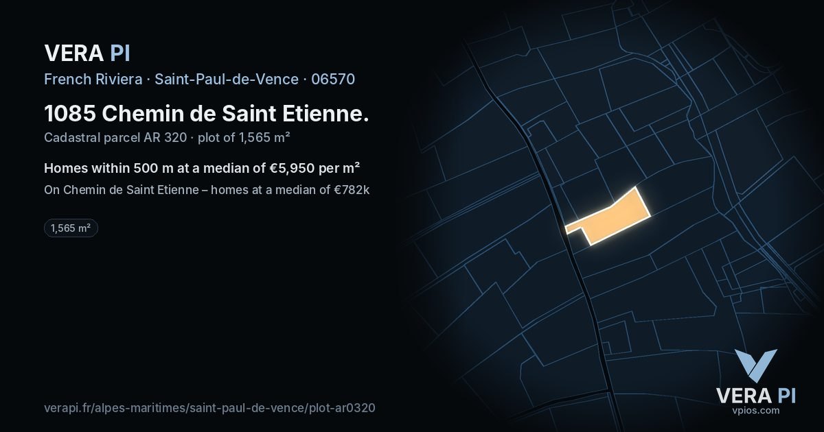 1085 Chemin de Saint Etienne, Saint-Paul-de-Vence at night – the plot lit, the parcels around coloured by the prices near them