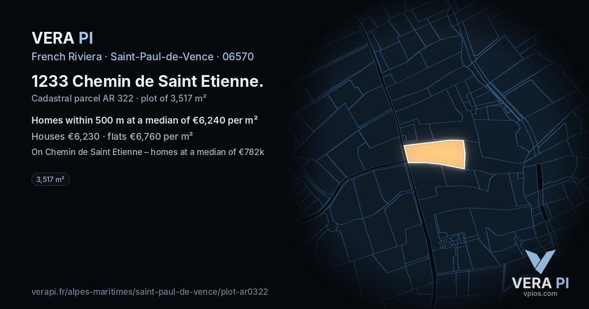 1233 Chemin de Saint Etienne, Saint-Paul-de-Vence at night – the plot lit, the parcels around coloured by the prices near them