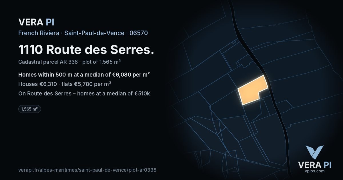 1110 Route des Serres, Saint-Paul-de-Vence at night – the plot lit, the parcels around coloured by the prices near them