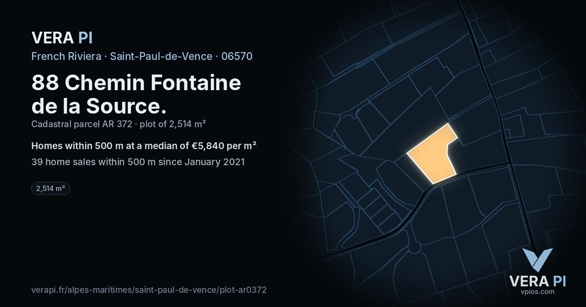 88 Chemin Fontaine de la Source, Saint-Paul-de-Vence at night – the plot lit, the parcels around coloured by the prices near them