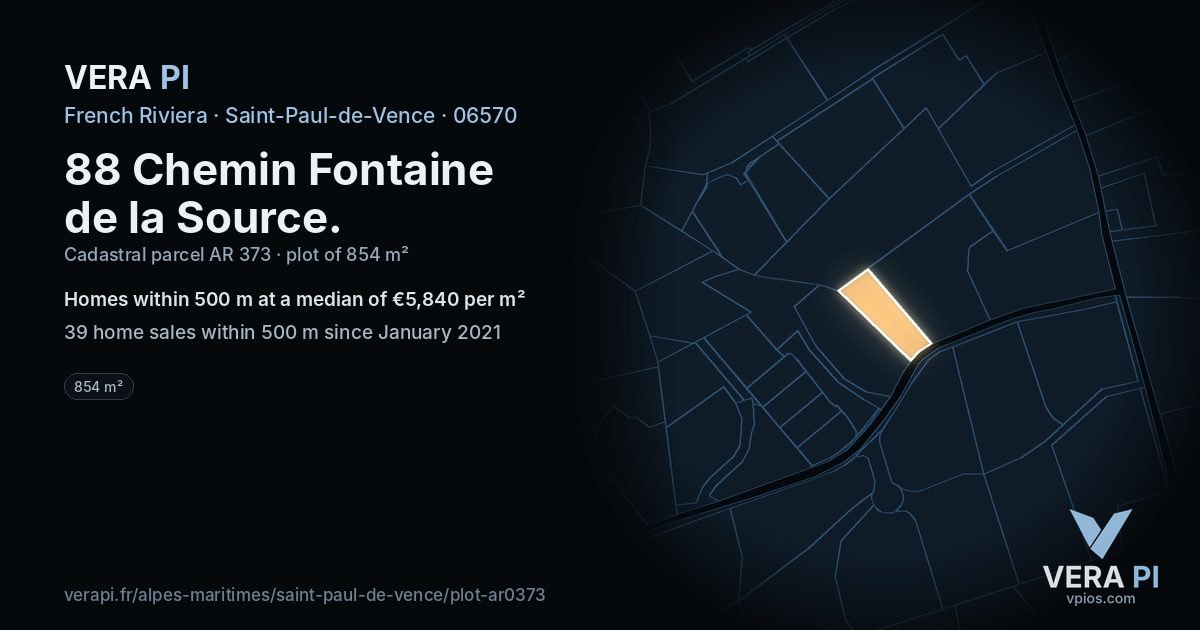 88 Chemin Fontaine de la Source, Saint-Paul-de-Vence at night – the plot lit, the parcels around coloured by the prices near them
