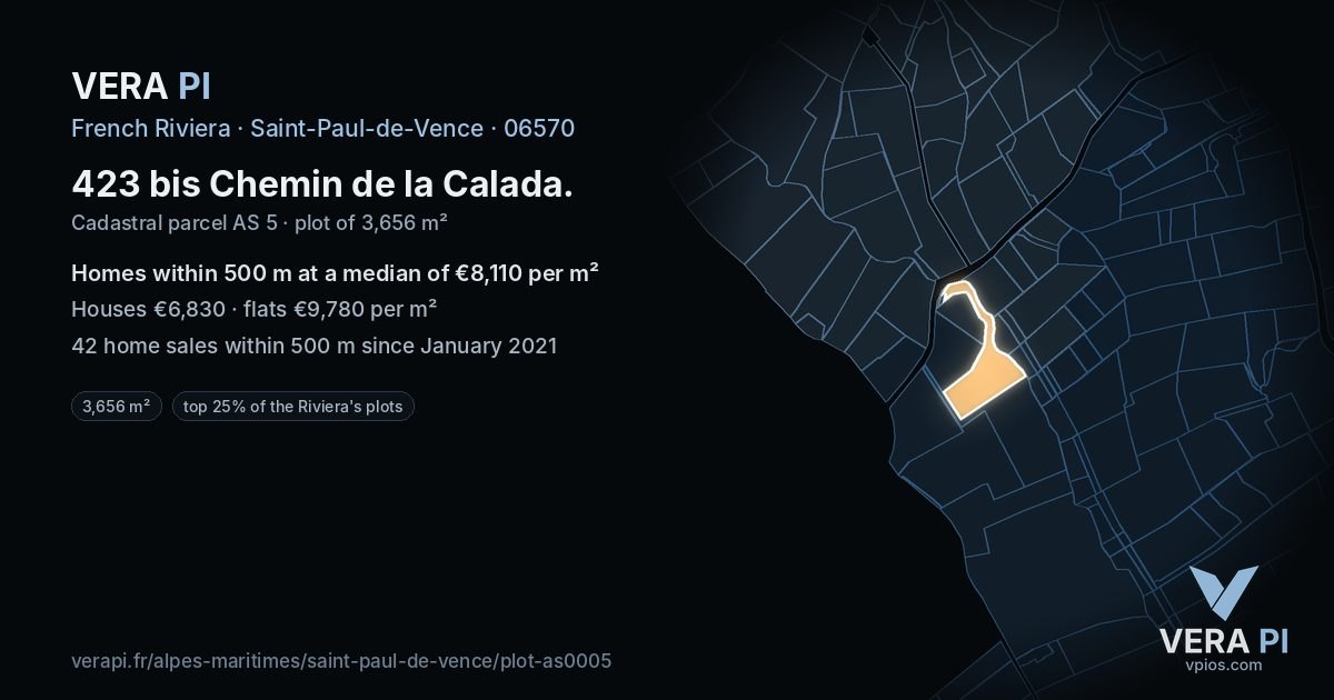 423 bis Chemin de la Calada, Saint-Paul-de-Vence at night – the plot lit, the parcels around coloured by the prices near them