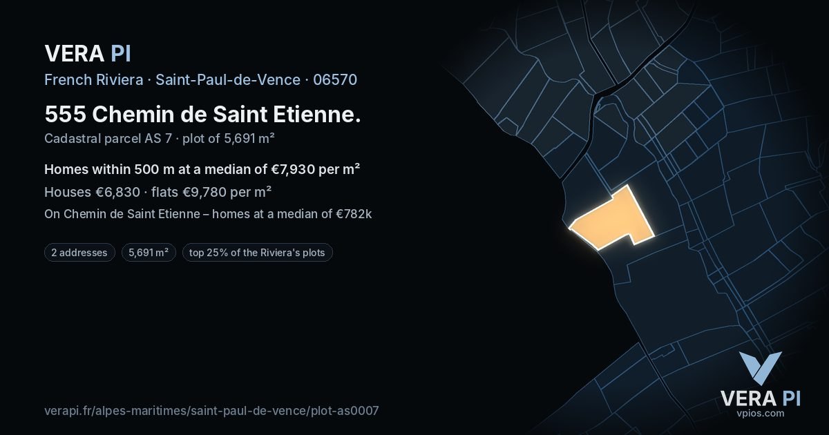 555 Chemin de Saint Etienne, Saint-Paul-de-Vence at night – the plot lit, the parcels around coloured by the prices near them