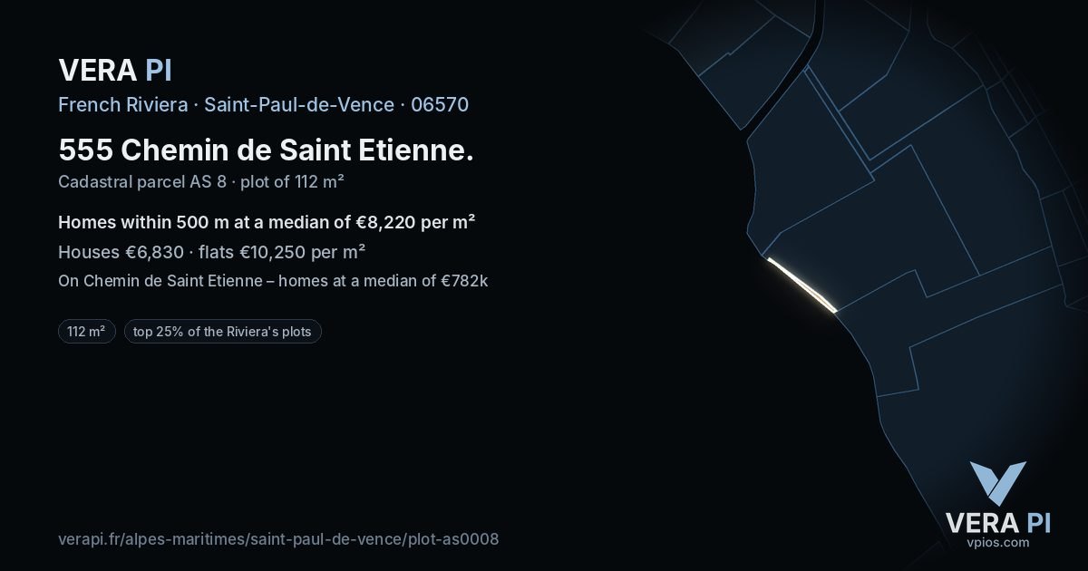555 Chemin de Saint Etienne, Saint-Paul-de-Vence at night – the plot lit, the parcels around coloured by the prices near them