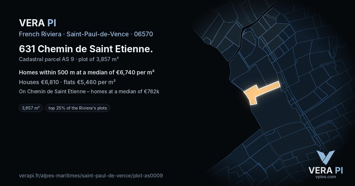 631 Chemin de Saint Etienne, Saint-Paul-de-Vence at night – the plot lit, the parcels around coloured by the prices near them