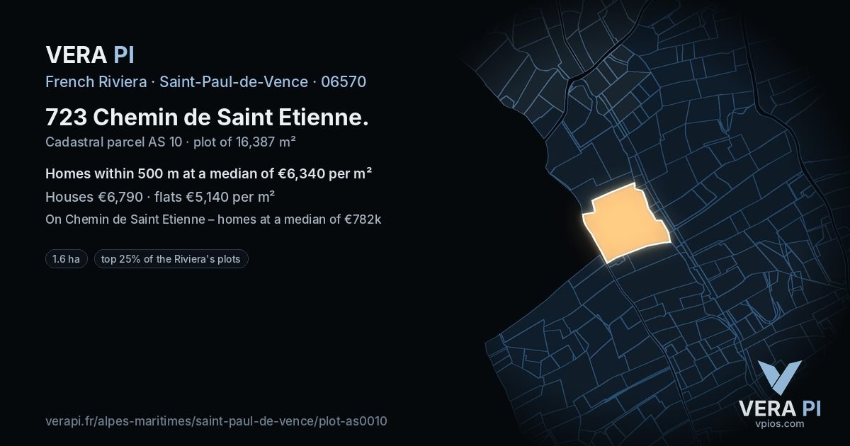 723 Chemin de Saint Etienne, Saint-Paul-de-Vence at night – the plot lit, the parcels around coloured by the prices near them
