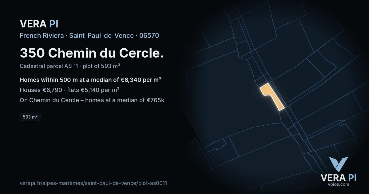 350 Chemin du Cercle, Saint-Paul-de-Vence at night – the plot lit, the parcels around coloured by the prices near them